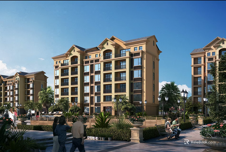 Mediterranean Style Mid Rise Residential Building With Balconies Landscaped Gardens And People Walking 3d model 