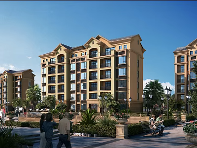 Mediterranean Style Mid Rise Residential Building With Balconies Landscaped Gardens And People Walking 3d model