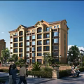 Mediterranean Style Mid Rise Residential Building With Balconies Landscaped Gardens And People Walking