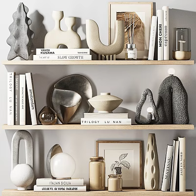 Modern Decorative Ornaments Set With Books Sculptures And Candle Holders On Shelves 3d model