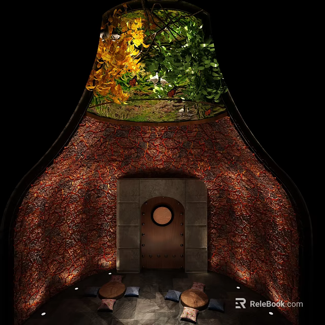 Luxurious Bath Center Interior With Green Plant Decoration Red Textured Walls And Wooden Door 3d model 