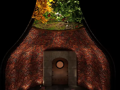 Luxurious Bath Center Interior With Green Plant Decoration Red Textured Walls And Wooden Door 3d model