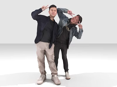 Two Men Posing Together With Hand Gestures In Casual Clothes 3d model