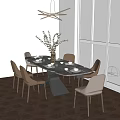 Modern Dining Table Set With Beige Chairs Vase Plants And Large Windows City View