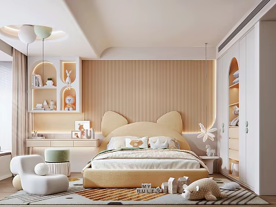 Kids Room Interior With Wooden Striped Walls Cat Ear Shaped Headboard White Storage Cabinets 3d model