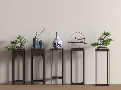Chinese Style Wooden Tea Tables With Vases Potted Plants And Decorative Ornaments 3d model