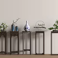 Chinese Style Wooden Tea Tables With Vases Potted Plants And Decorative Ornaments