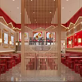 Traditional Chinese Restaurant Interior With Red Decor Wooden Elements And Food Display Screens