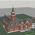 Classic Red Brick Building Featuring Steeple Multiple Chimneys And Windows 3d model