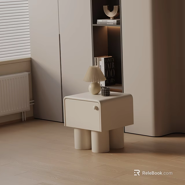 Modern White Nightstand with Lamp and Cylindrical Legs in Minimalist Bedroom 3d model 