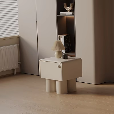 Modern White Nightstand with Lamp and Cylindrical Legs in Minimalist Bedroom 3d model