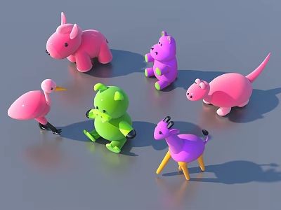Colorful Plush Animal Toys Collection With Pink Purple Green Rhino Bear Flamingo Dino Giraffe 3d model