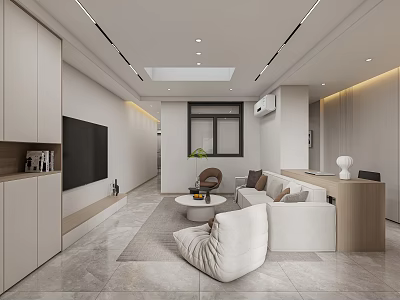 Modern Minimalist Open Plan Living And Dining Room With Cozy Sofas And Custom Storage Cabinets 3d model