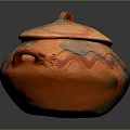 Orange Clay Pot With Lid Handles And Wavy Pattern For Home Daily Use