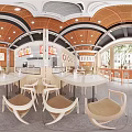 Modern Restaurant Interior With Orange Ceiling Wooden Tables Large Windows Menu Boards And Display Shelves