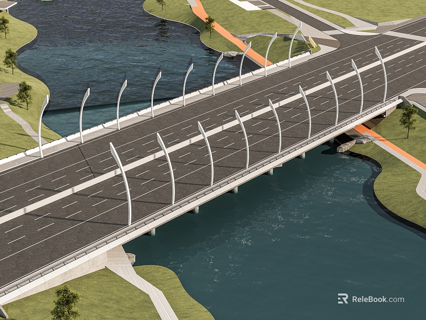 Modern Highway Bridge With Multiple Lanes White Railings And Green Spaces Over River 3d model 