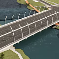 Modern Highway Bridge With Multiple Lanes White Railings And Green Spaces Over River