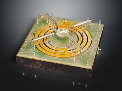 Mechanical Experiment Equipment With Square Base Green Surface Circular Tracks Central Container And Metal Pillars 3d model