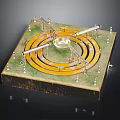 Mechanical Experiment Equipment With Square Base Green Surface Circular Tracks Central Container And Metal Pillars