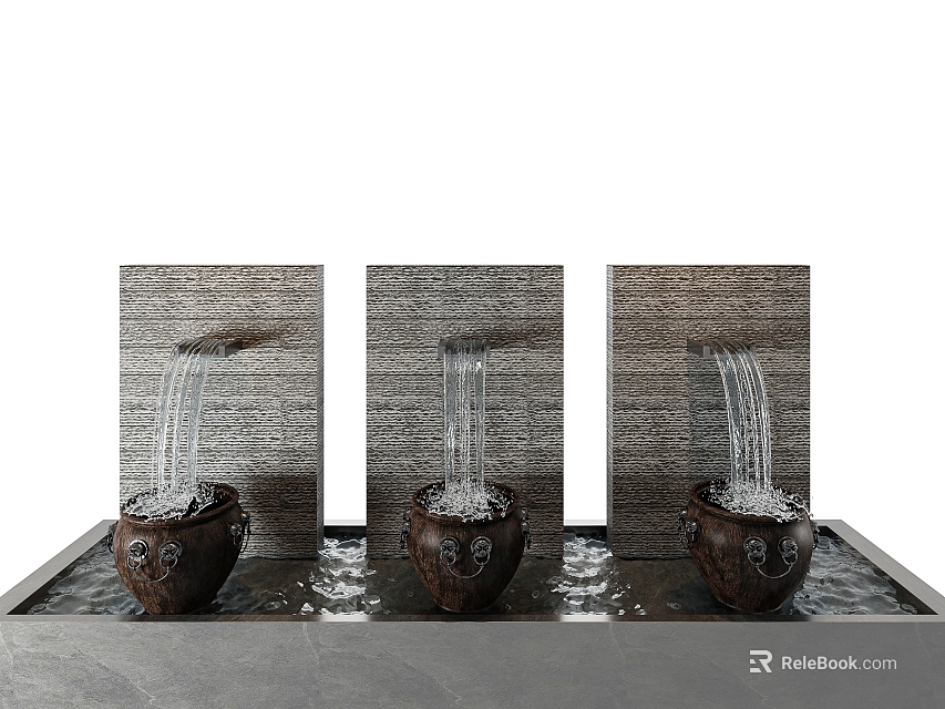 Three Stone Wall Fountain With Water Flowing Into Carved Urns On Platform 3d model 