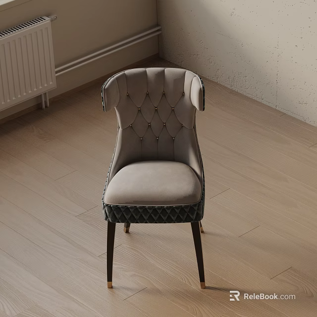 Elegant Tufted Wingback Accent Chair With Light Gray Velvet Upholstery And Dark Metal Legs In Minimalist Room 3d model 