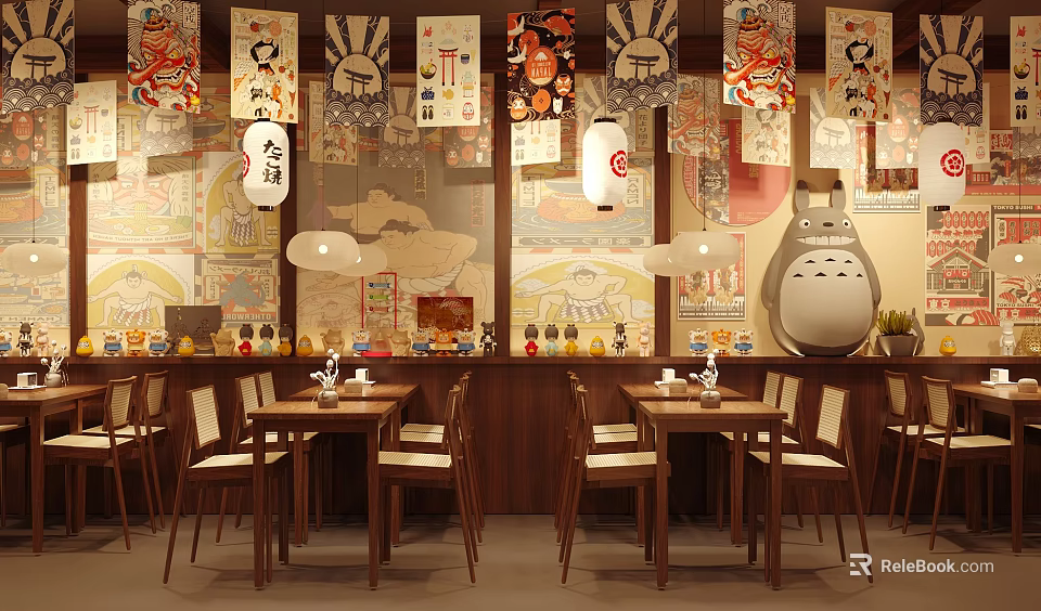 Traditional Japanese Restaurant Interior With Wooden Tables Chairs Lanterns And Totoro Decorations 3d model 