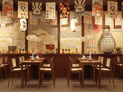 Traditional Japanese Restaurant Interior With Wooden Tables Chairs Lanterns And Totoro Decorations 3d model