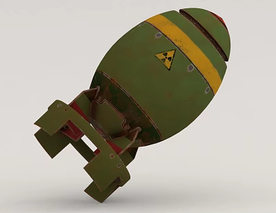 Rusty Green Bomb With Yellow Stripes Radioactive Symbol And Base Stand 3d model