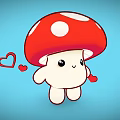 Cute Cartoon Mushroom With Red Cap White Spots And Hearts On Blue Background