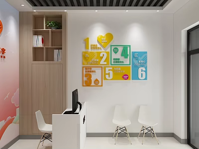 Service Hall Interior with Colorful Number Signs White Chairs and Wooden Bookshelf 3d model