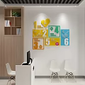 Service Hall Interior with Colorful Number Signs White Chairs and Wooden Bookshelf