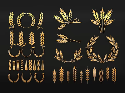 Golden Wheat Carving Designs With Various Shapes Including Wreaths And Bundles On Black Background 3d model