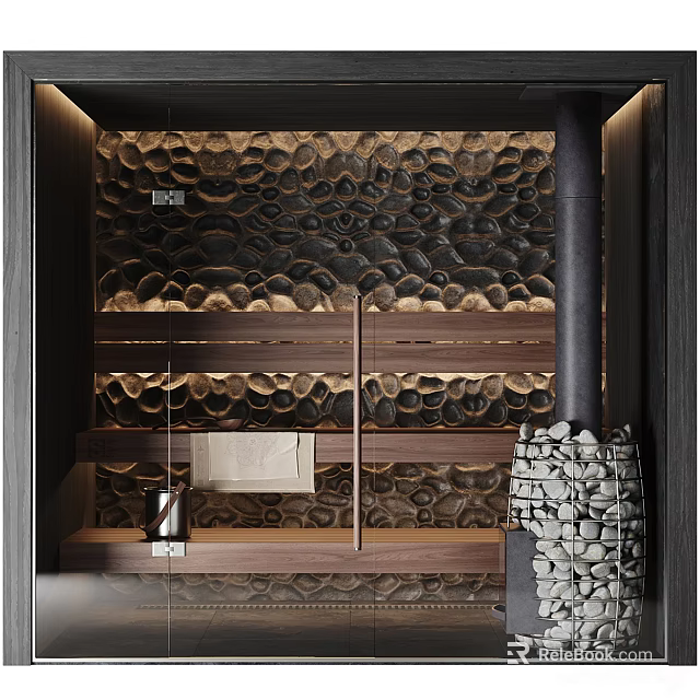 Elegant SPA Sauna Space With Textured Wall And Wood Elements 3d model