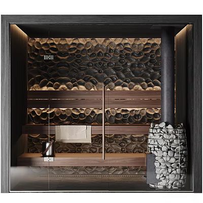 Elegant SPA Sauna Space With Textured Wall And Wood Elements 3d model