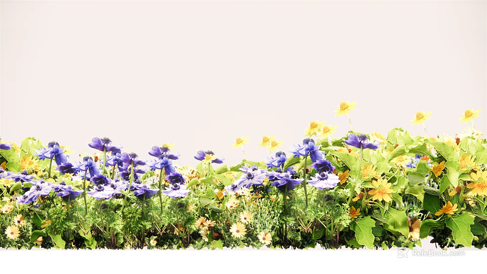 Vibrant Outdoor Flowers with Purple Blooms Yellow Petals and Green Leaves Growing Lushly in Garden 3d model 