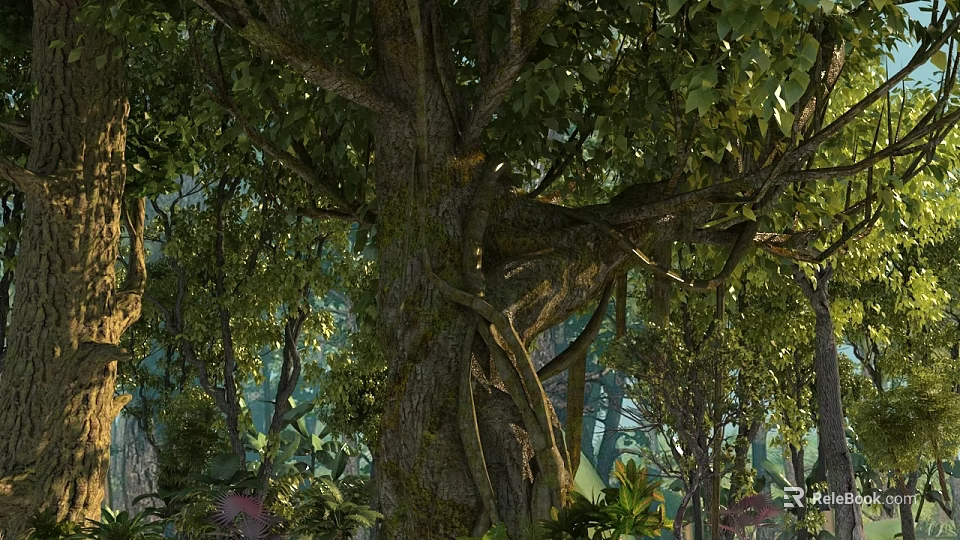 Primitive Forest Scenery With Ancient Tree Moss Vines And Lush Green Leaves 3d model 