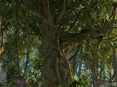 Primitive Forest Scenery With Ancient Tree Moss Vines And Lush Green Leaves 3d model