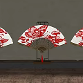 Chinese Style Decorative Fan Ornament Set With Red Butterfly Bird Patterns And Wooden Base