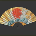 Decorative Fan Pendant with Red Sun Blue Waves and Yellow Surface Design