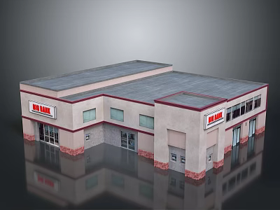 Liquor Store Commercial Building Exterior With Gray Roof Beige Walls Red Trim And Brick Base 3d model