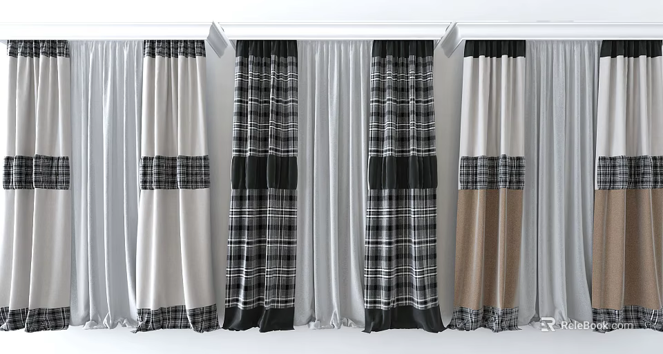 Plaid Design Curtains in Black White and Beige for Home Window Decor 3d model 