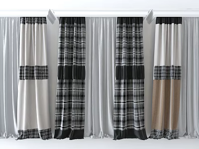 Plaid Design Curtains in Black White and Beige for Home Window Decor 3d model
