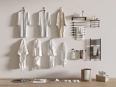 Essential Bathroom Accessories With Robes Towel Racks Shelves Slippers Toilet Paper And Magazines 3d model