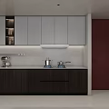 Modern Kitchen Interior Design With White Island Dark Brown Cabinets Built-in Appliances And Red Wall