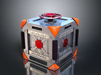 Industrial Cube Equipment With Silver Body Orange Corners Red Wheel And Circular Components 3d model