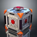 Industrial Cube Equipment With Silver Body Orange Corners Red Wheel And Circular Components