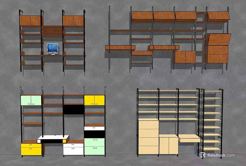 Modern Home Bookcase Design With Multilayer Shelves Colored Compartments And Drawers 3d model 