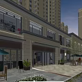 Bustling Commercial Street with Brand Shops Pedestrians Green Umbrellas and Tall Buildings