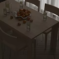 Wooden Dining Table Set With Oranges Glasses And Chairs In Natural Light 3d model