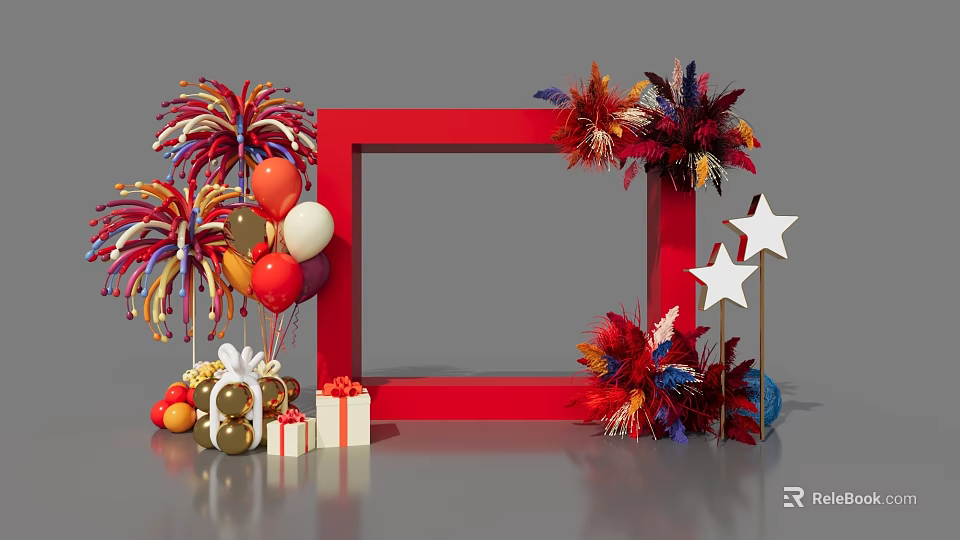 Vibrant Photo Spot With Red Frame Colorful Balloons Firework Decorations Feathers Gift Boxes And Stars 3d model 